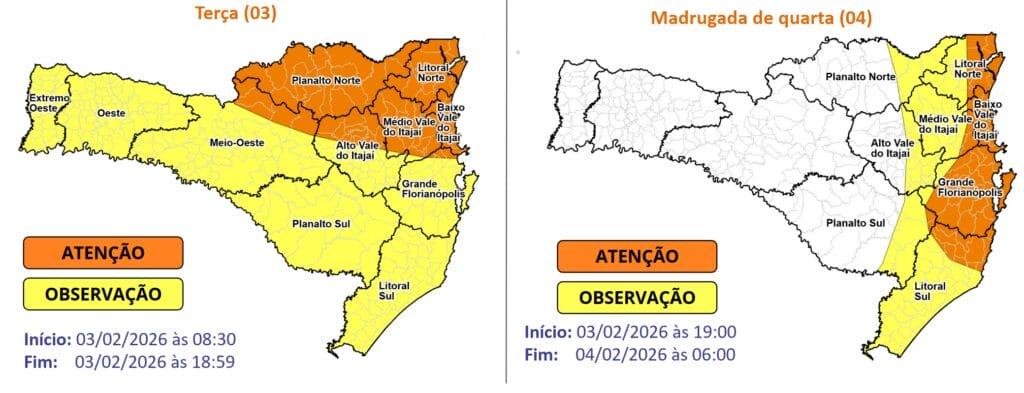 Defesa Civil alerta para temporais com chuva intensa e persistente na terça (3) e quarta-feira (4) Defesa Civil, Divulgação)